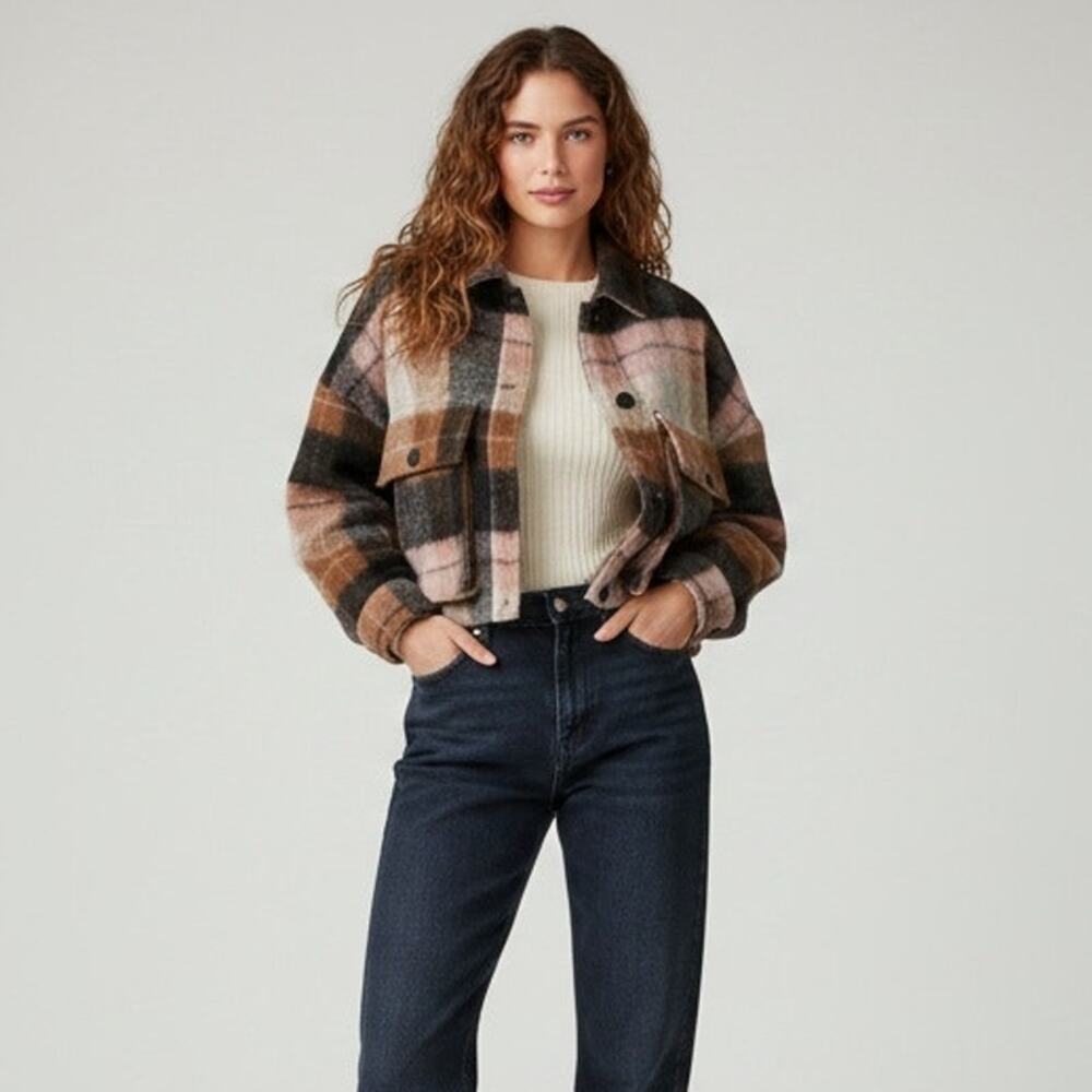 ZARA Cropped Plaid Shacket Muted Pink Brown Gray Wool Blend Jacket Oversized XS